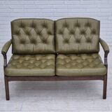 1970s, Scandinavian 2 seater sofa in original condition, green furniture leather, solid teak wood.