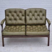 1970s, Scandinavian 2 seater sofa in original condition, green furniture leather, solid teak wood.