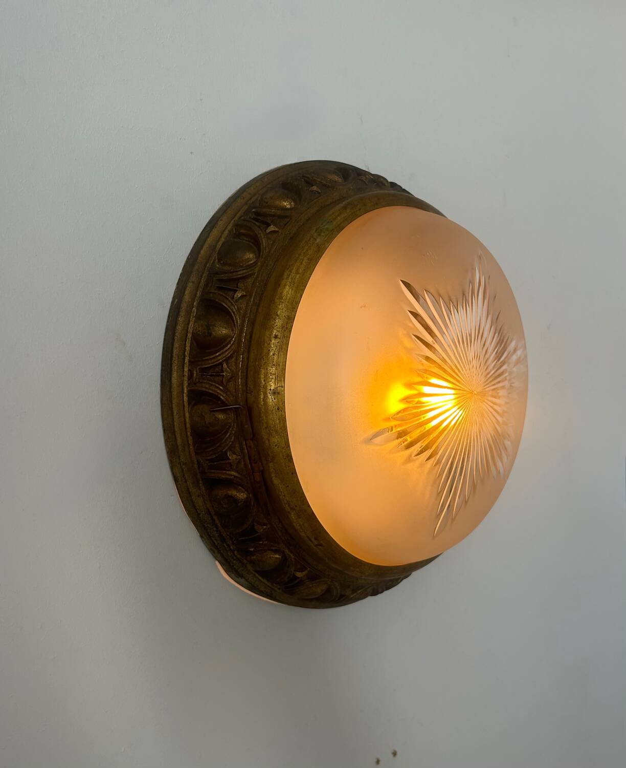 Vintage brass and sandblasted glass wall lamp, France 1940