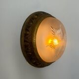 Vintage brass and sandblasted glass wall lamp, France 1940