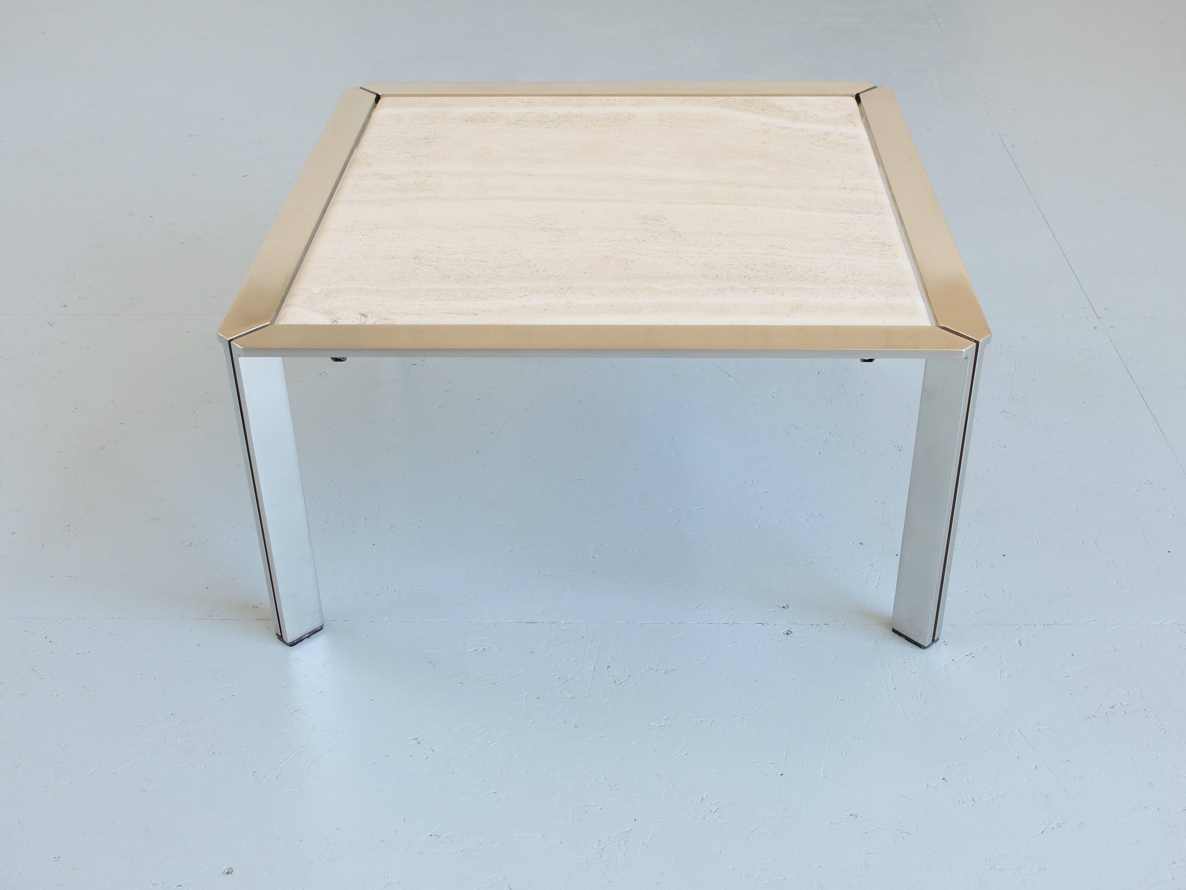 Chrome and travertine coffee table, Artelano France, 1980s.