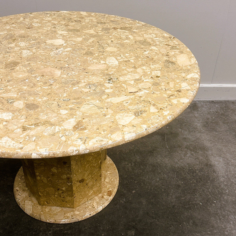 Round breccia marble pedestal table | 1980s vintage stone dining table | Postmodern