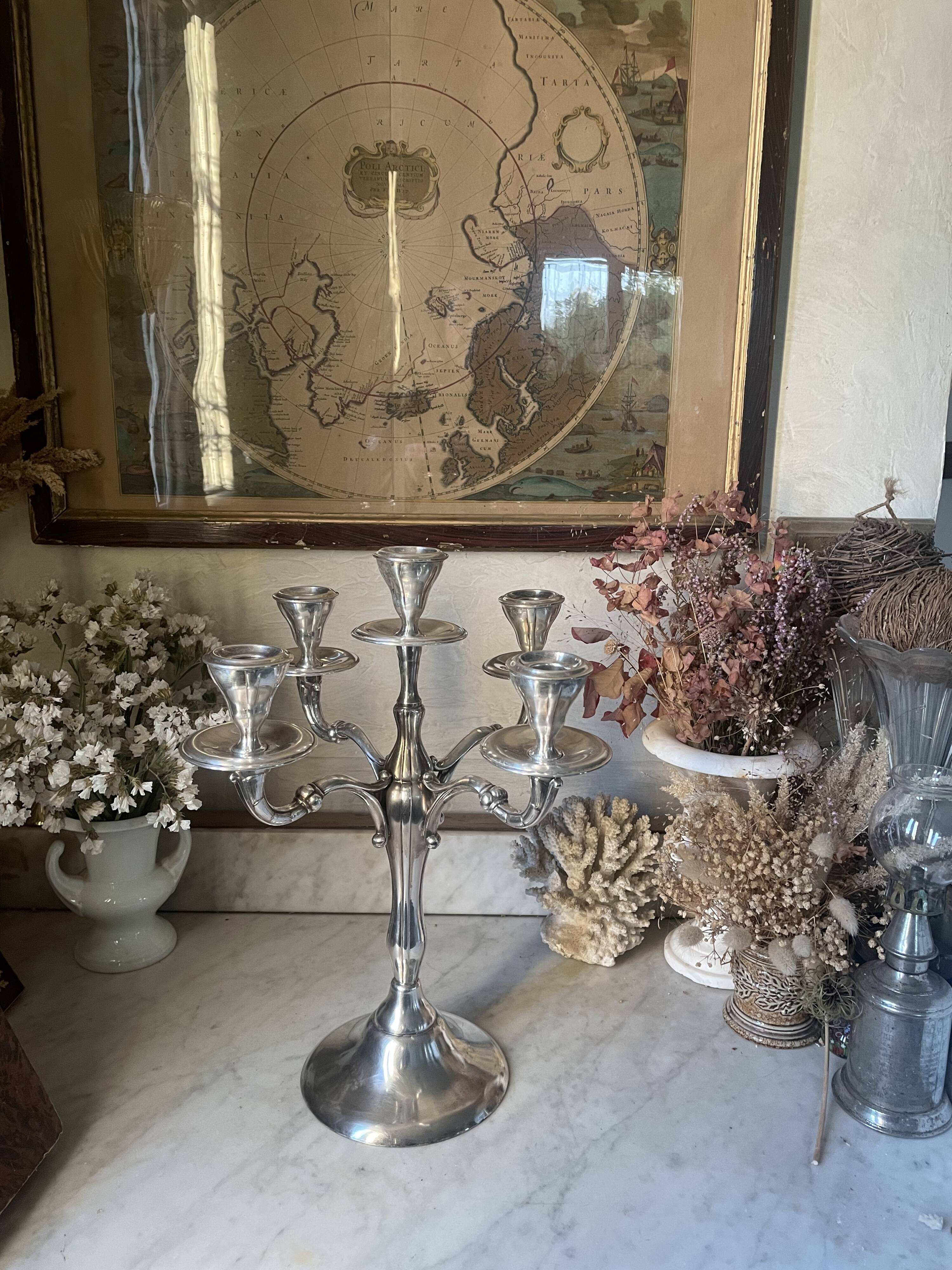 Vintage Orbisa 5-branch chandelier in silver-plated metal, Alpaca base.