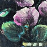 Set vintage original velvet flower oil painting, pair of flower still life art