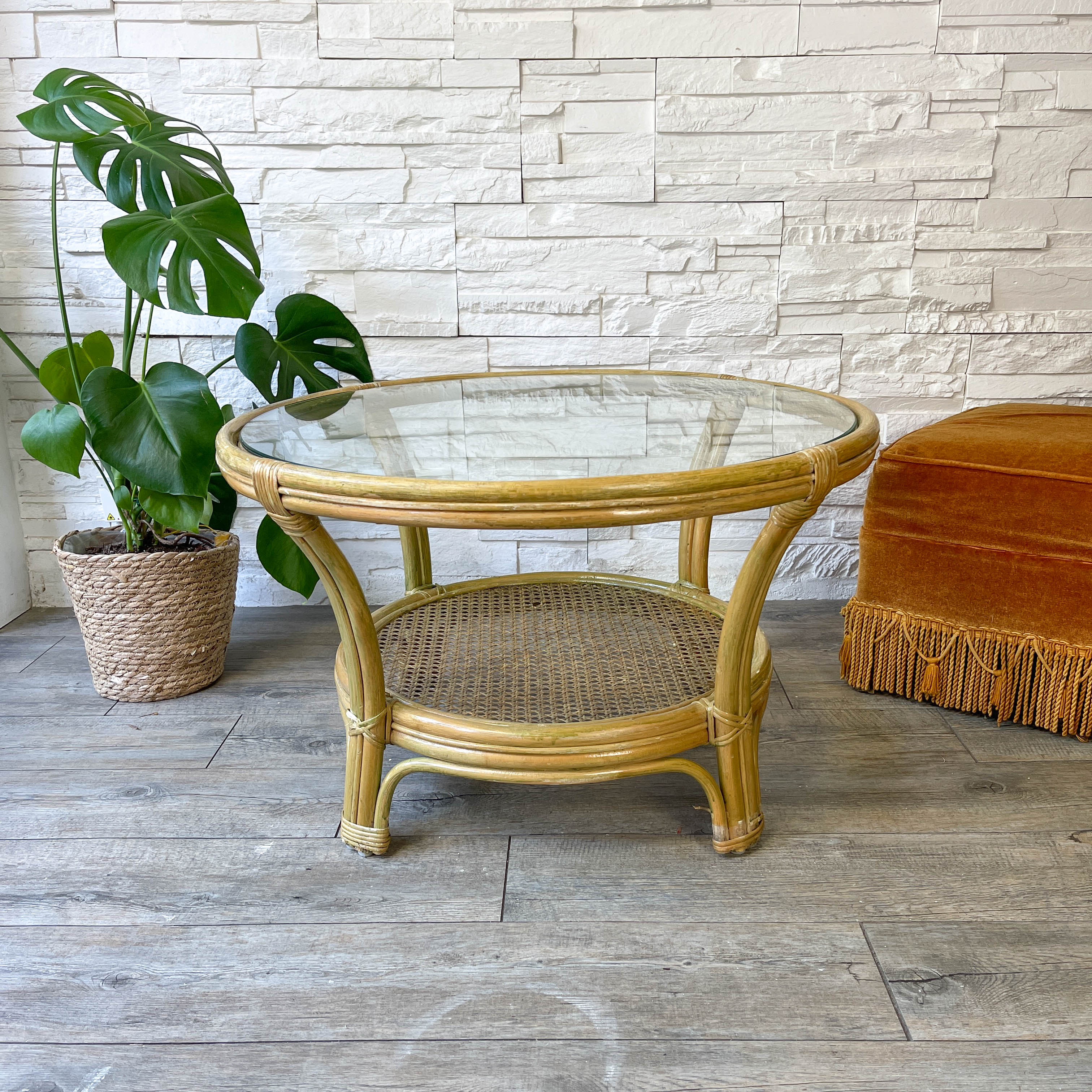 Rattan and glass coffee table