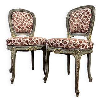 Paire De Chaises En Bois Relaqué Gris Rechampi Or De Style Louis XV XIX Eme Siècle