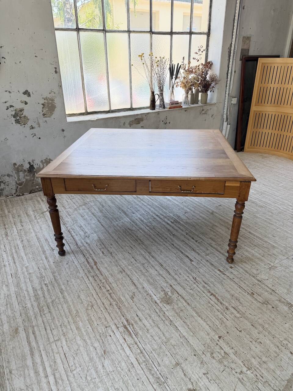 Grande table de ferme XL chêne « carrée » conférence 1950