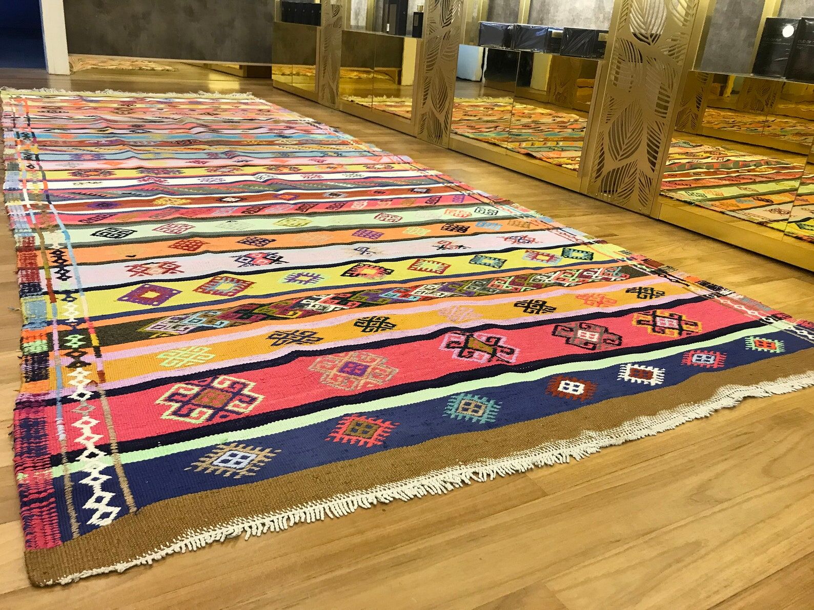 Colorful runner rug, handmade turkish kilim rug with ethnic patterns