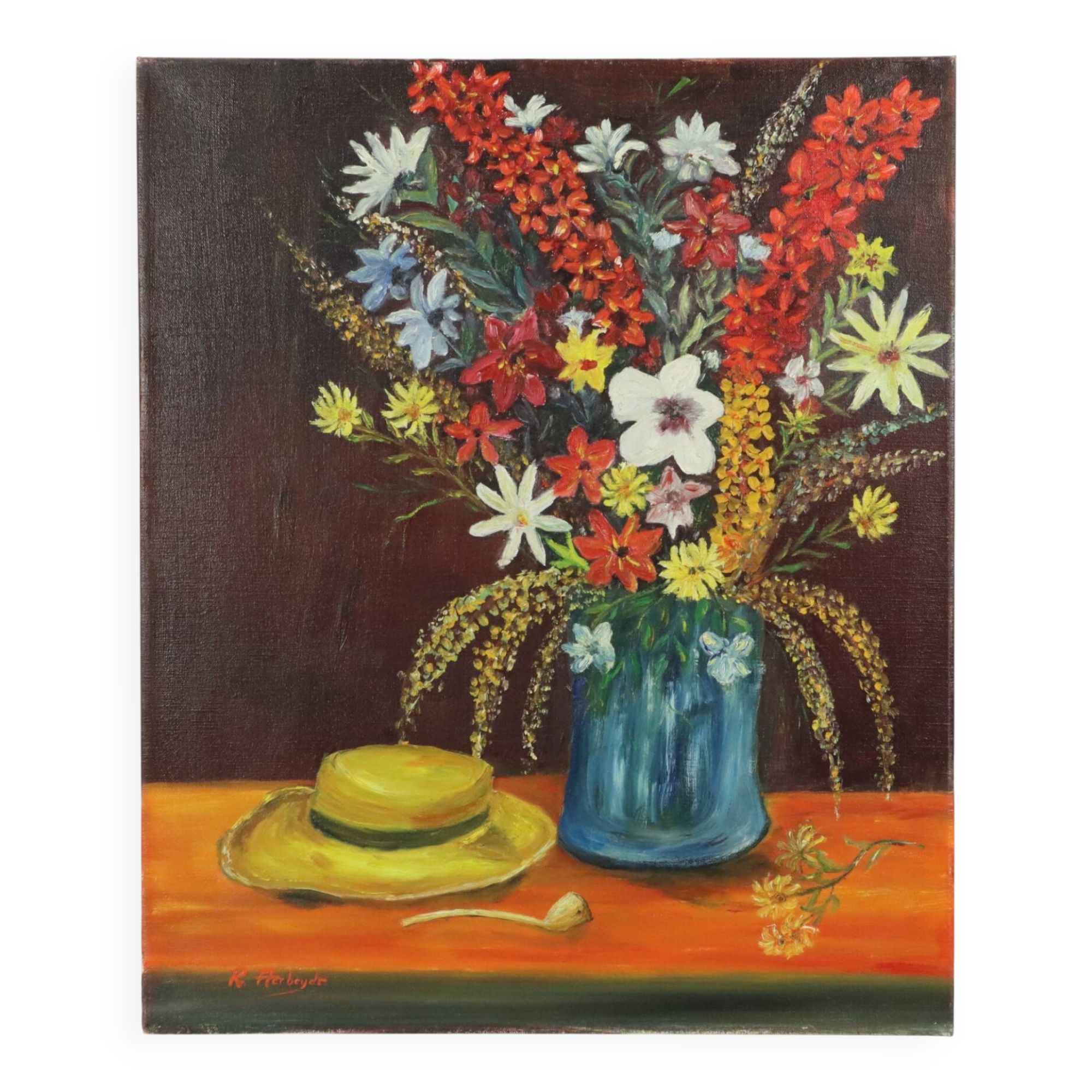 Flowers with Hat Still Life Painting Signed 60x50cm