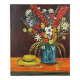 Fleurs avec chapeau peinture nature morte signée 60x50cm
