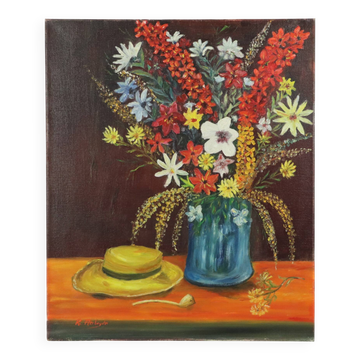 Flowers with Hat Still Life Painting Signed 60x50cm