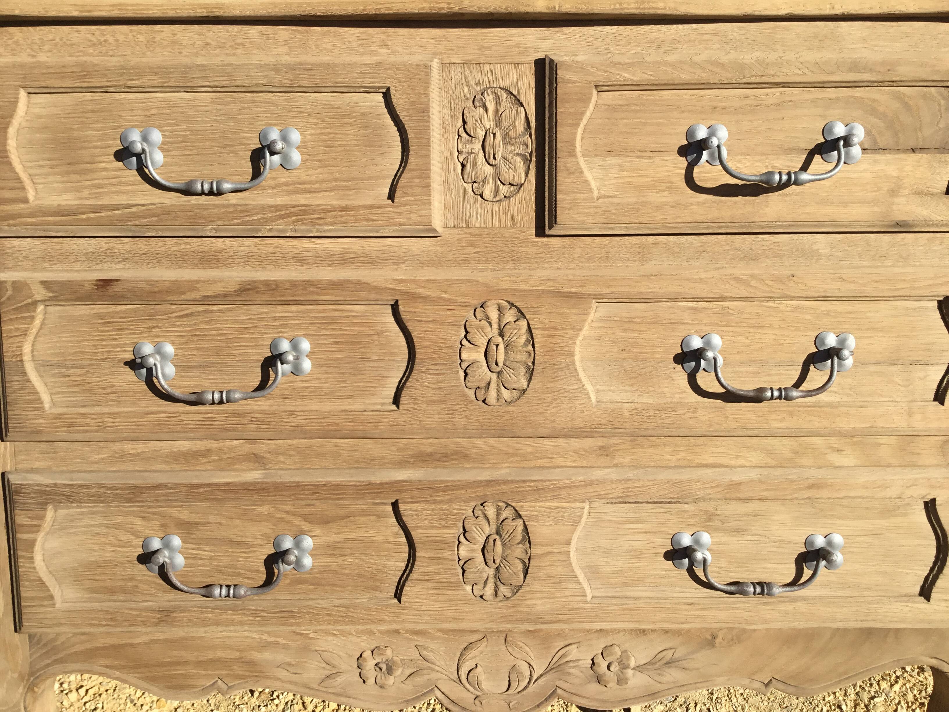 Louis XV style chest of drawers in stripped oak and left in natural wood