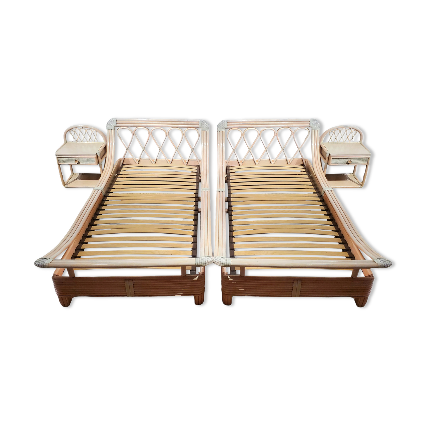 Pink rattan bed and bedside table set