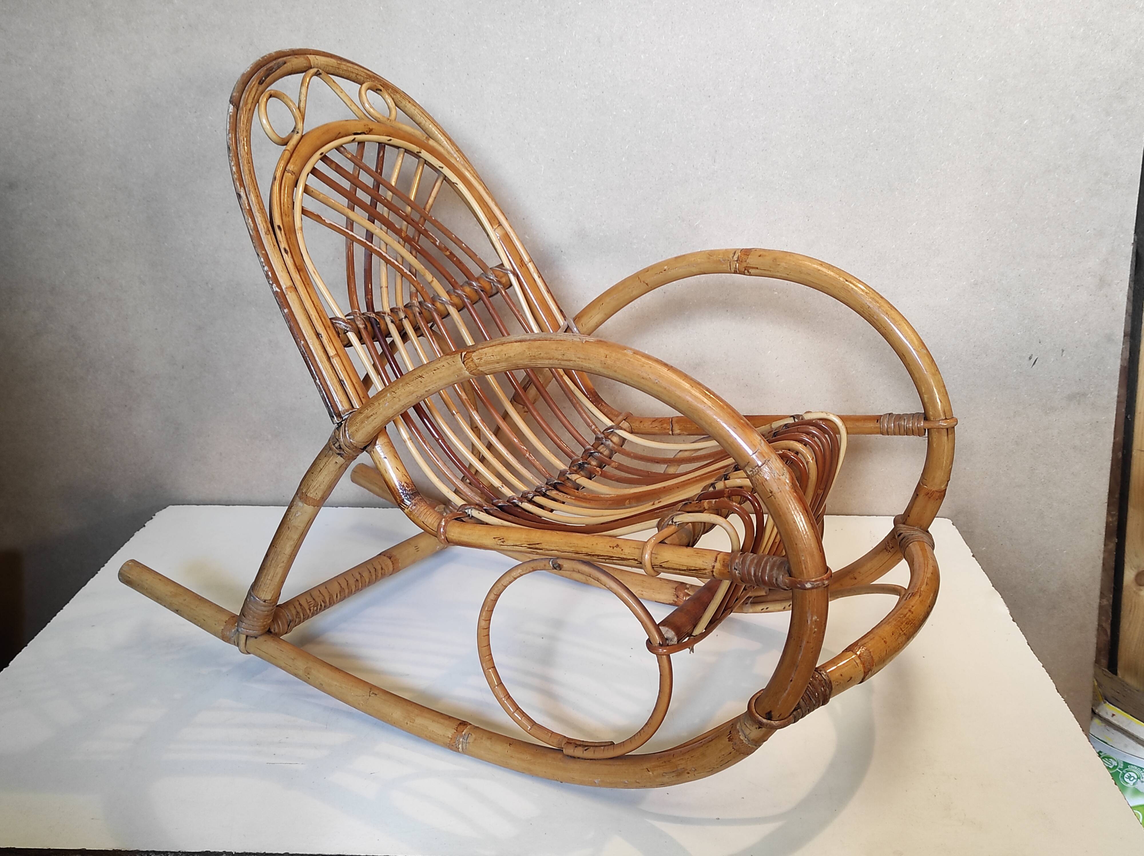 Old Italian vintage rattan rocking chair for children