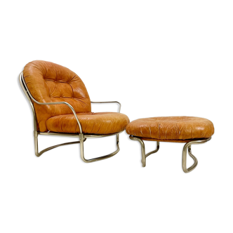 Leather armchair & ottoman, 60s