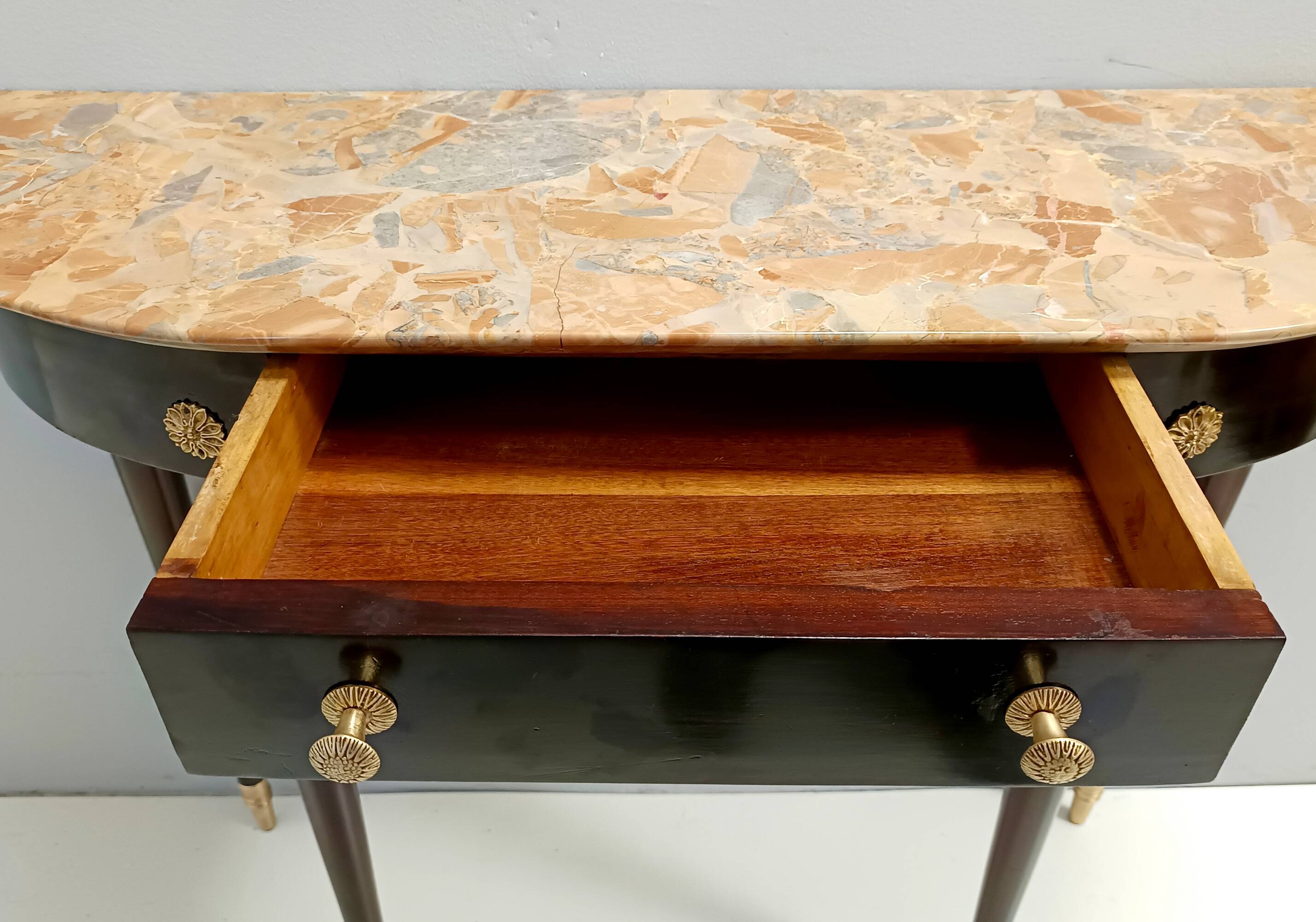Ebonized Beech Console with a Demilune Macchiavecchia Marble Top attr. to Paolo Buffa