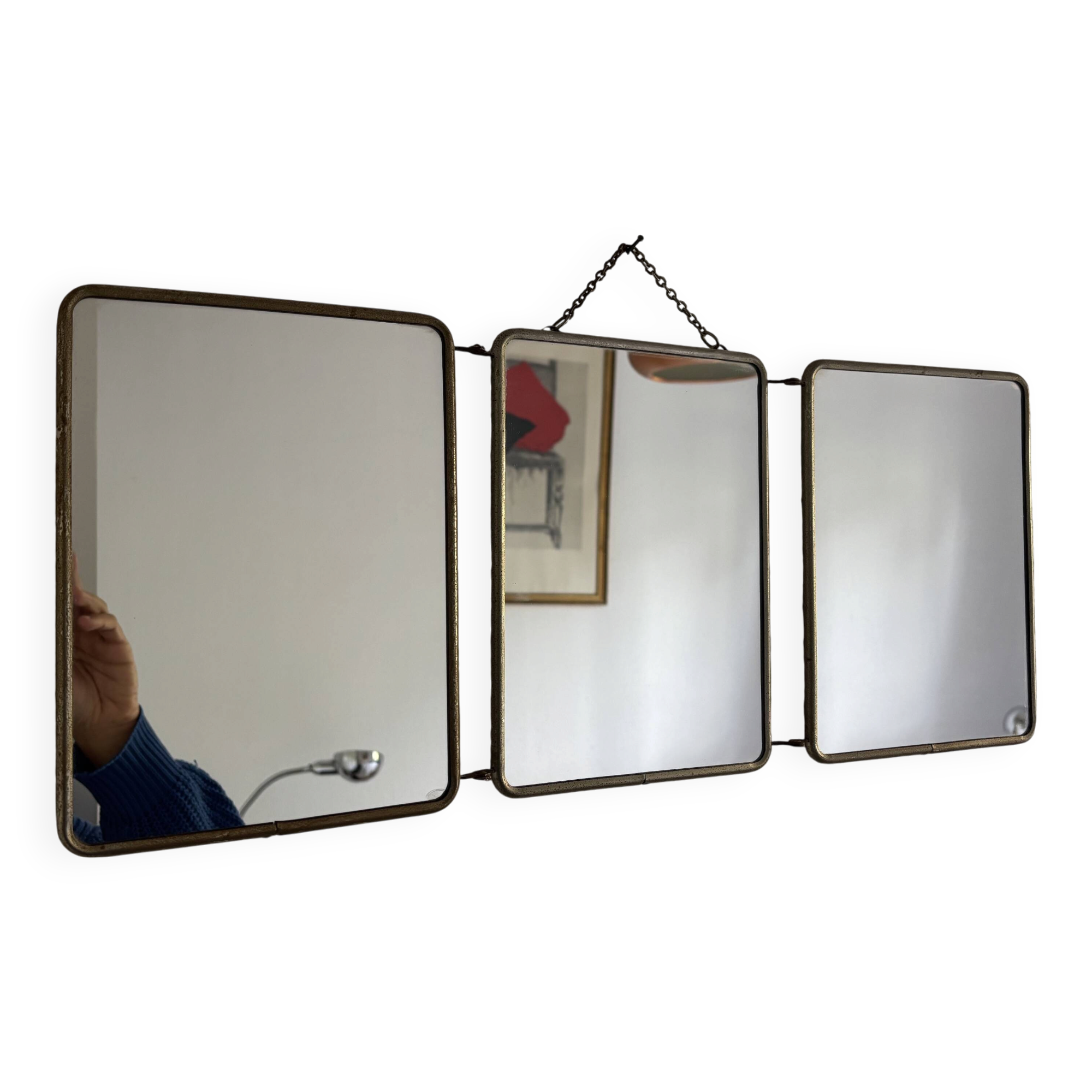 Vintage 1960 triptych mirror barber hairdresser Japonese style - 25 x 60 cm
