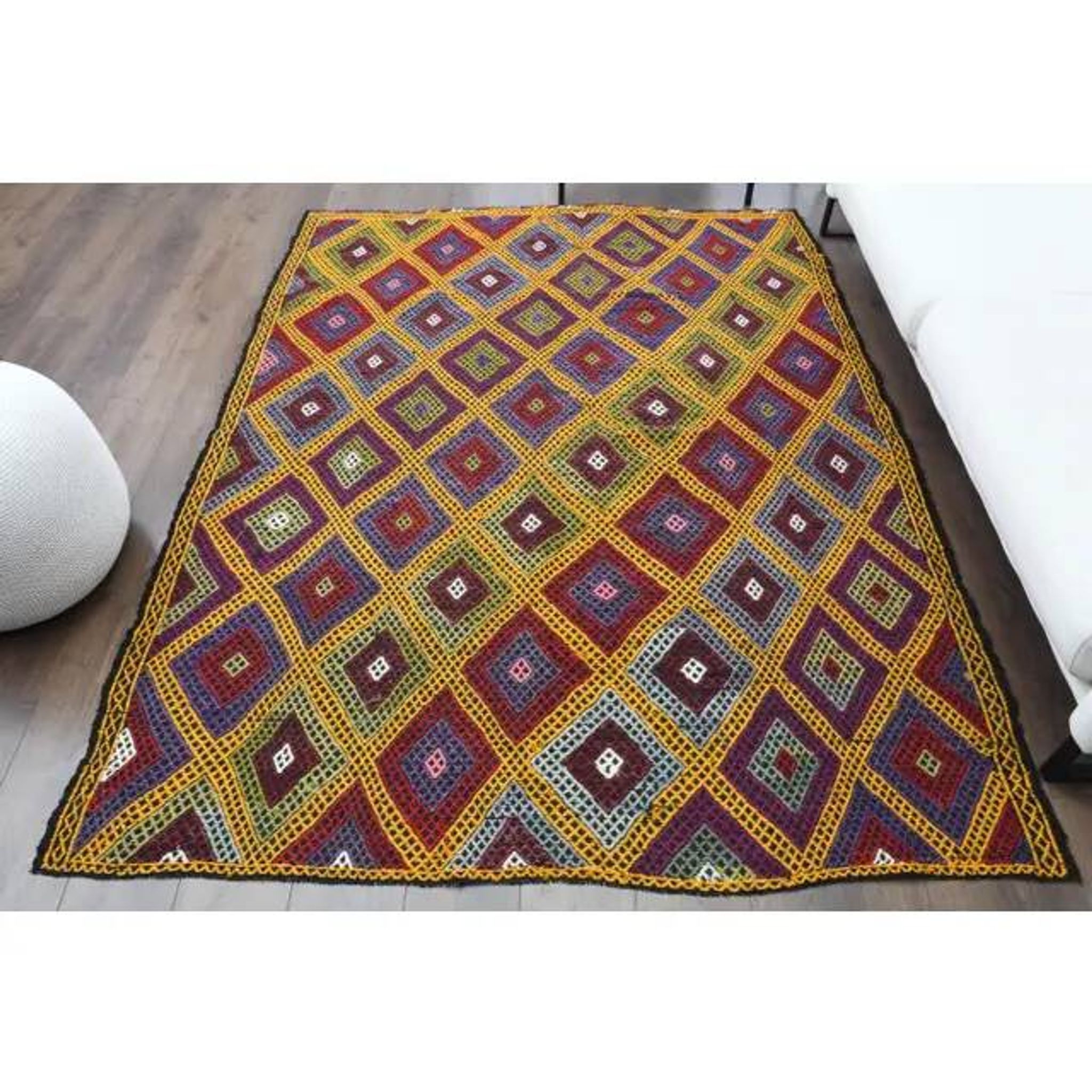 1970s Vintage Turkish Oushak Handmade Wool Cotton Yellow Area Rug 179x237