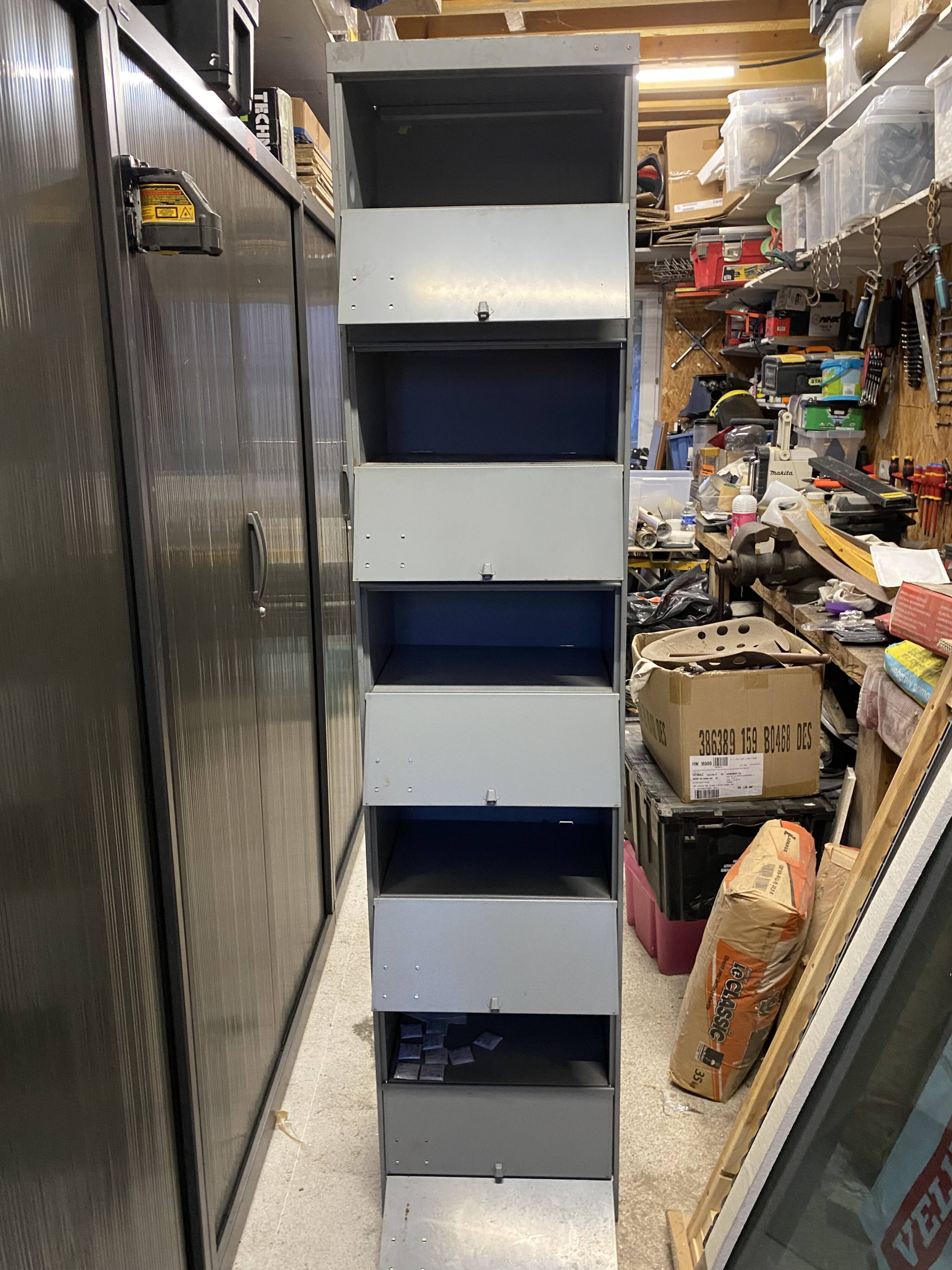 Industrial metal workshop desk storage unit with 10 flaps, 1950s.