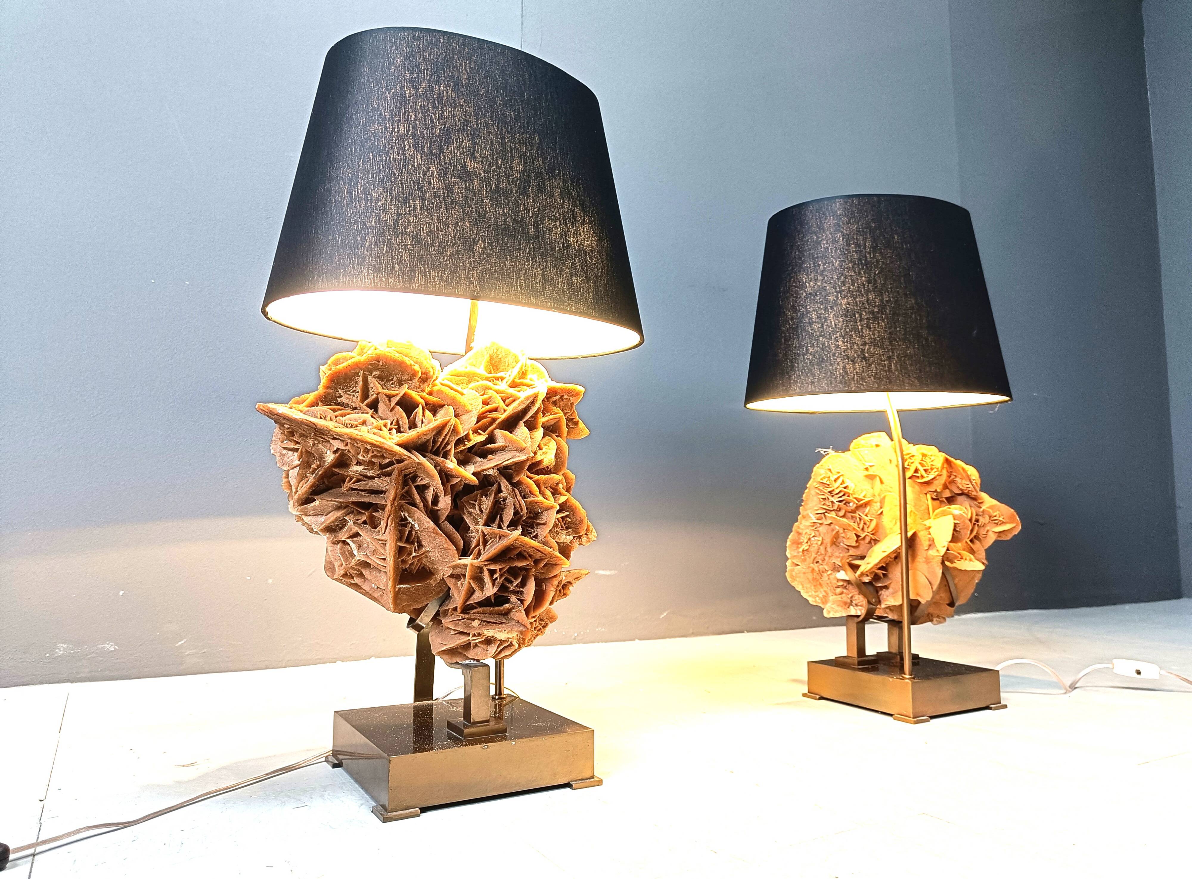 Lampes de table en laiton et pierre rose, années 1970