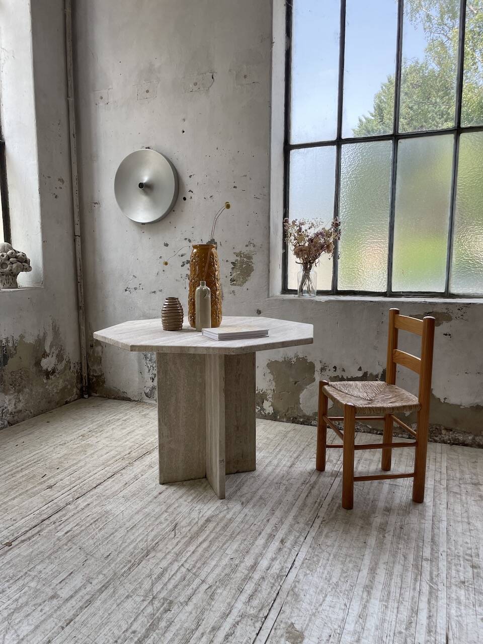Octagonal travertine coffee table
