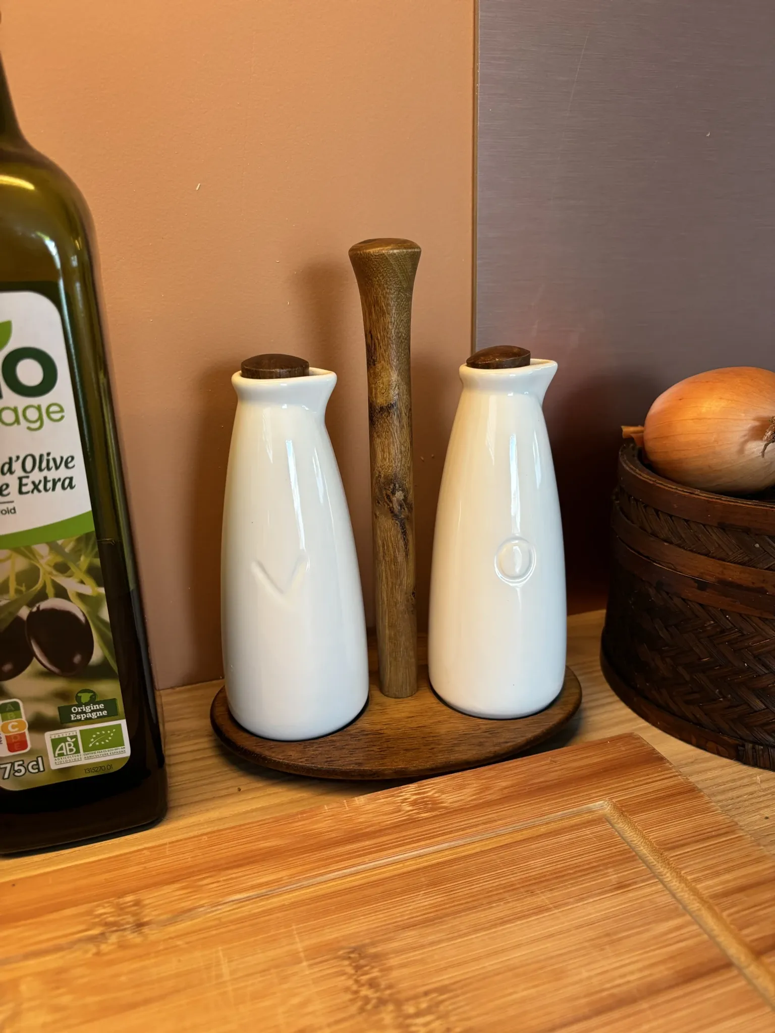 Ceramic white and wood oil and vinegar dispenser