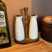 Ceramic white and wood oil and vinegar dispenser