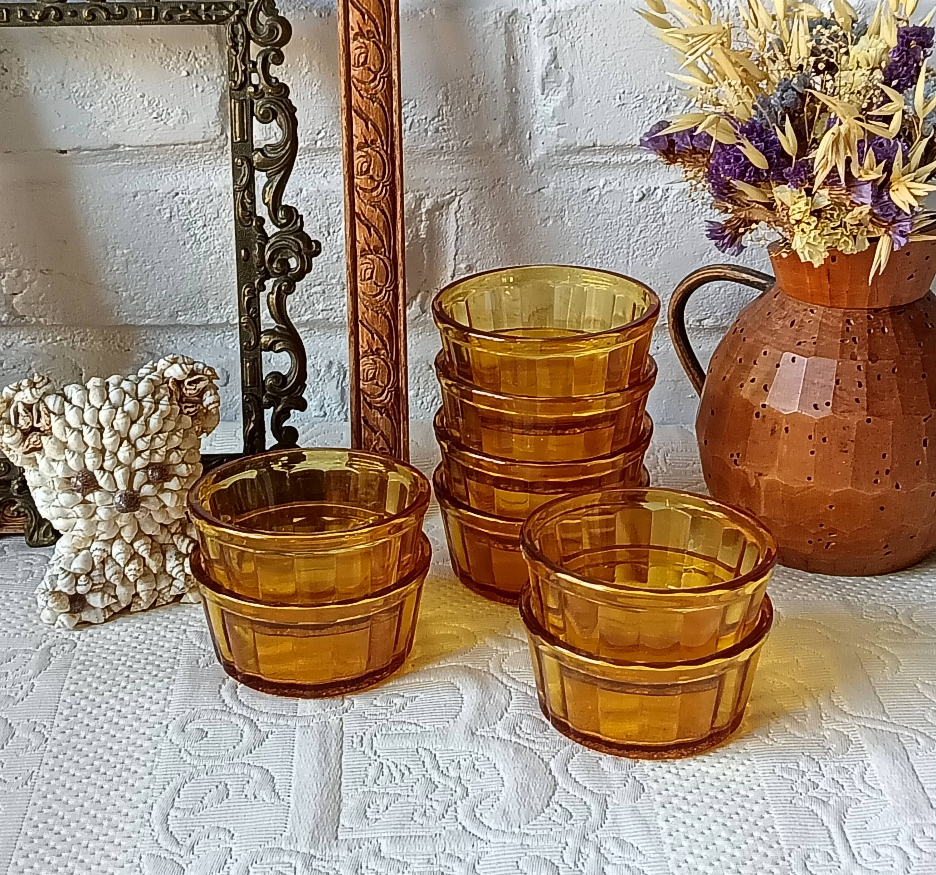 8 vintage amber glass ramekins from Vereco, France.