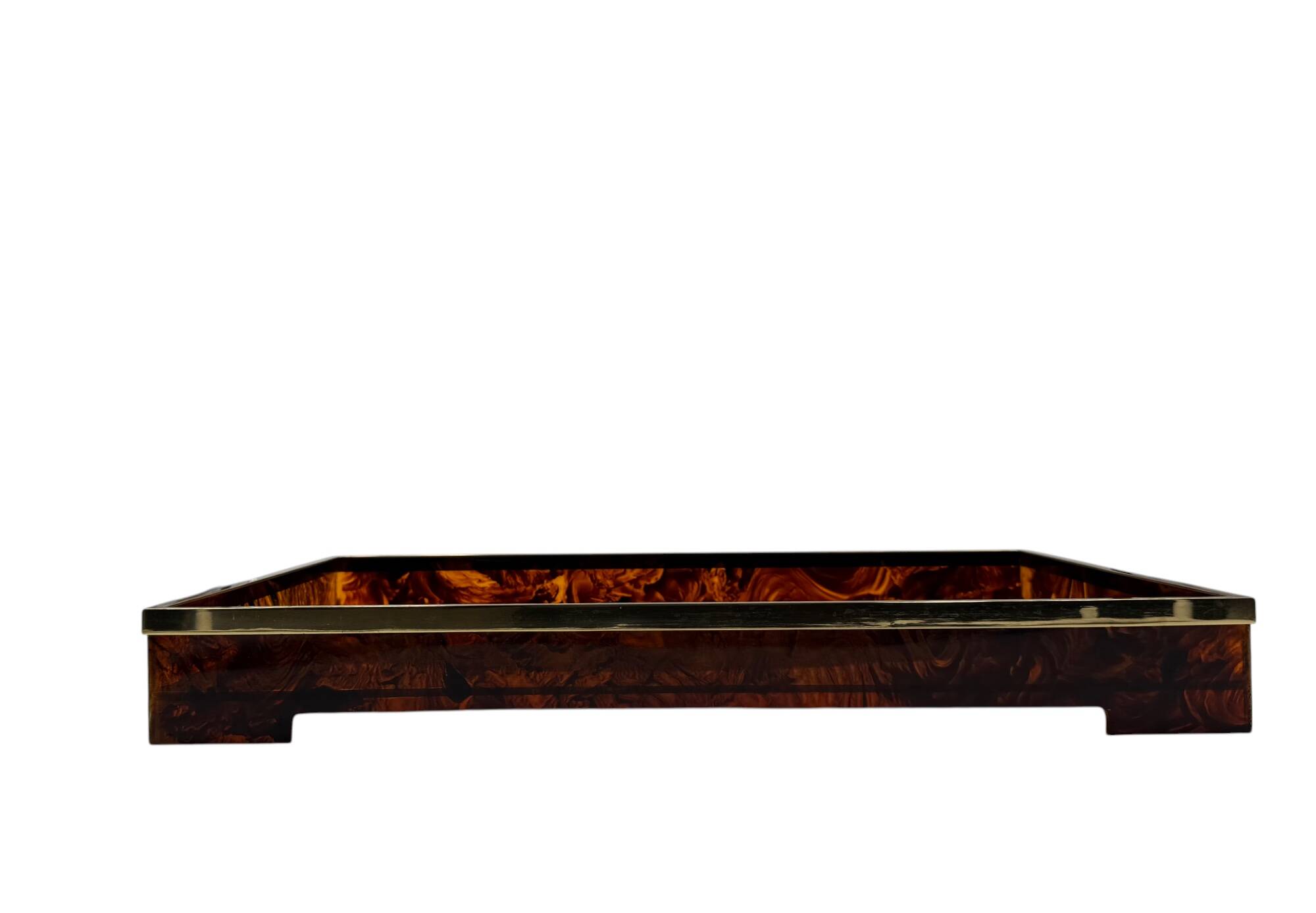 Grand plateau Hollywood Regency en laiton et écaille de tortue en lucite, Italie, années 1970