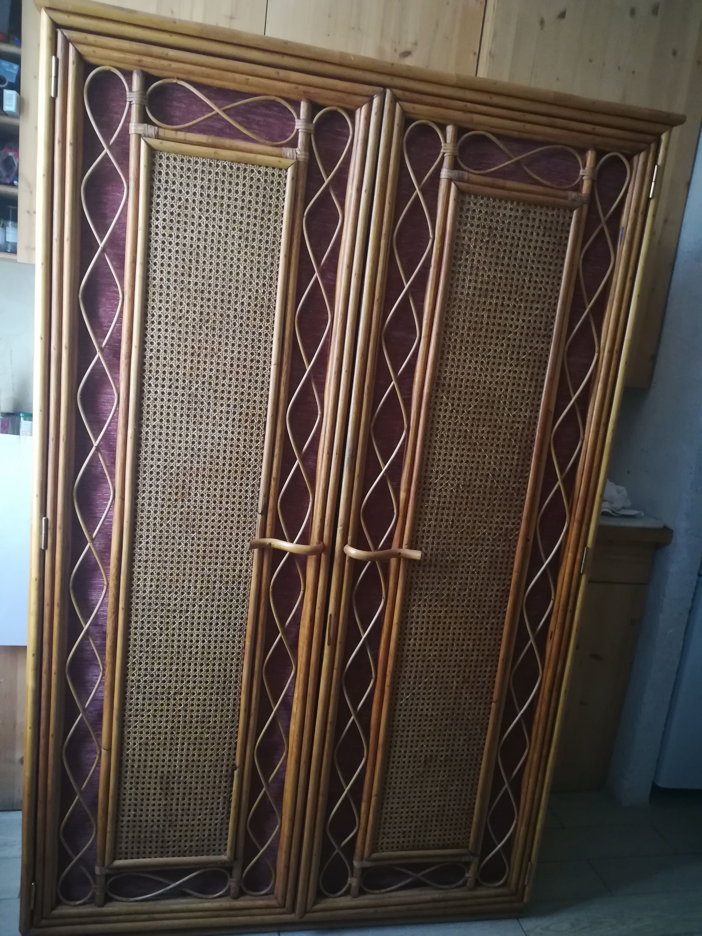 Wardrobe in rattan, caning and velvet