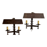 Pair of mid century Brutalist patinated iron wall or porchlights, 1950s-60s