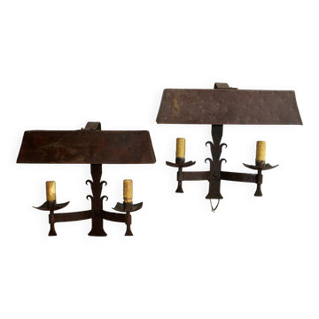 Pair of mid century Brutalist patinated iron wall or porchlights, 1950s-60s