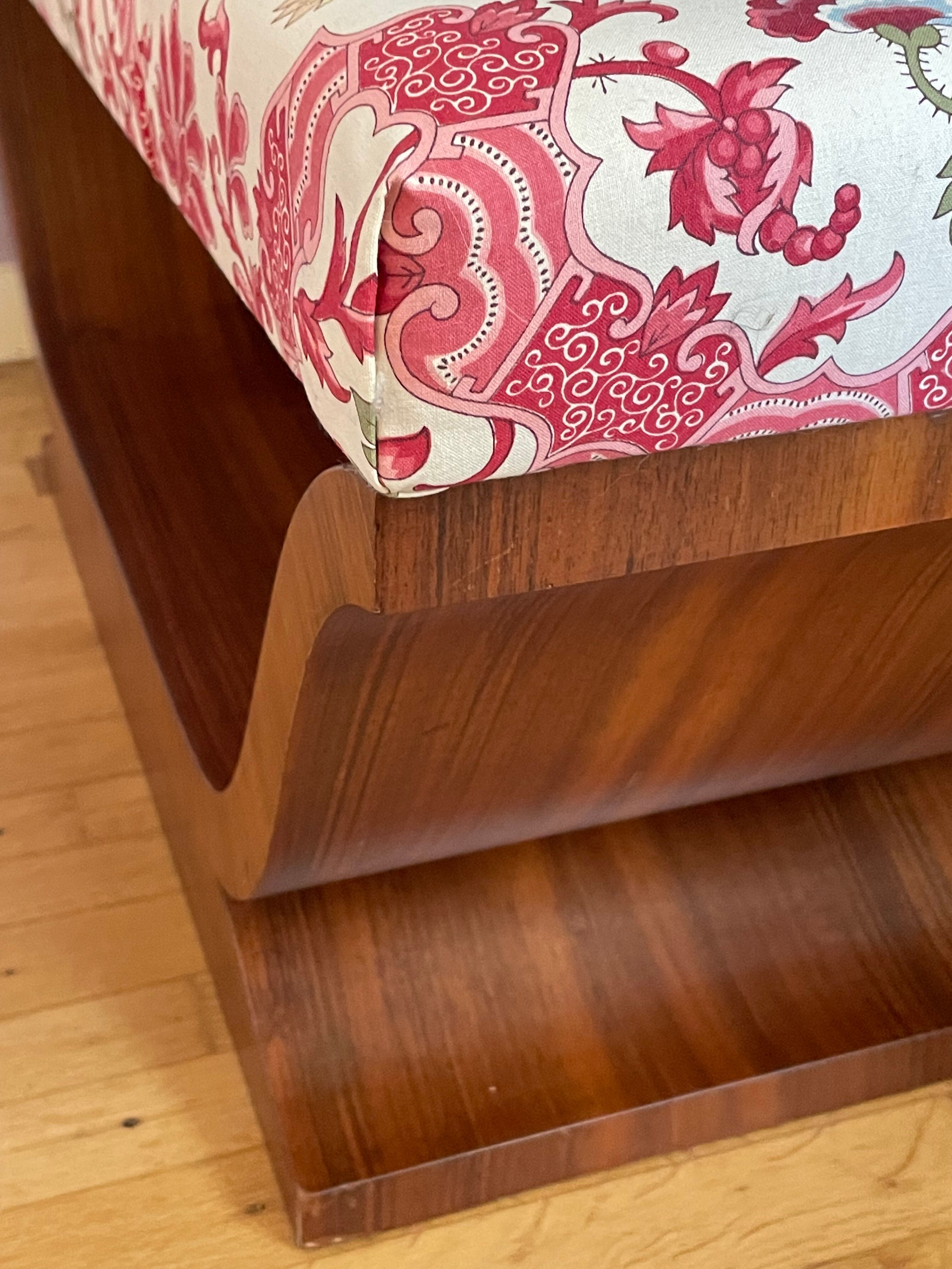 Art-deco walnut bench with floral fabric
