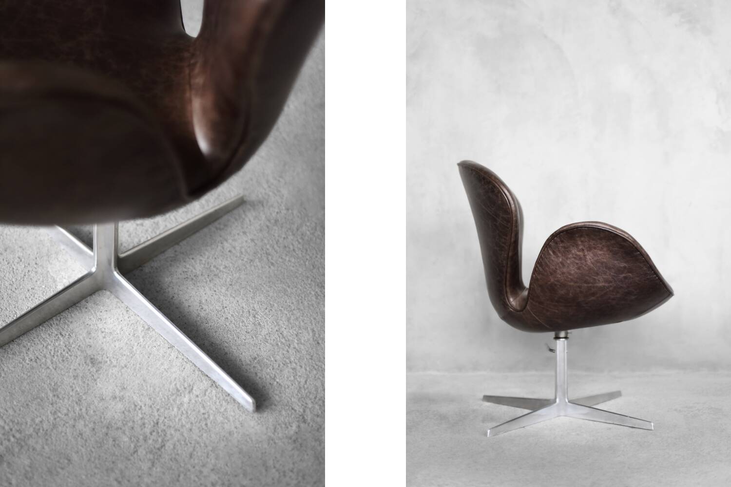 Brown leather Swan chair by Arne Jacobsen, mid-century Danish modernity.