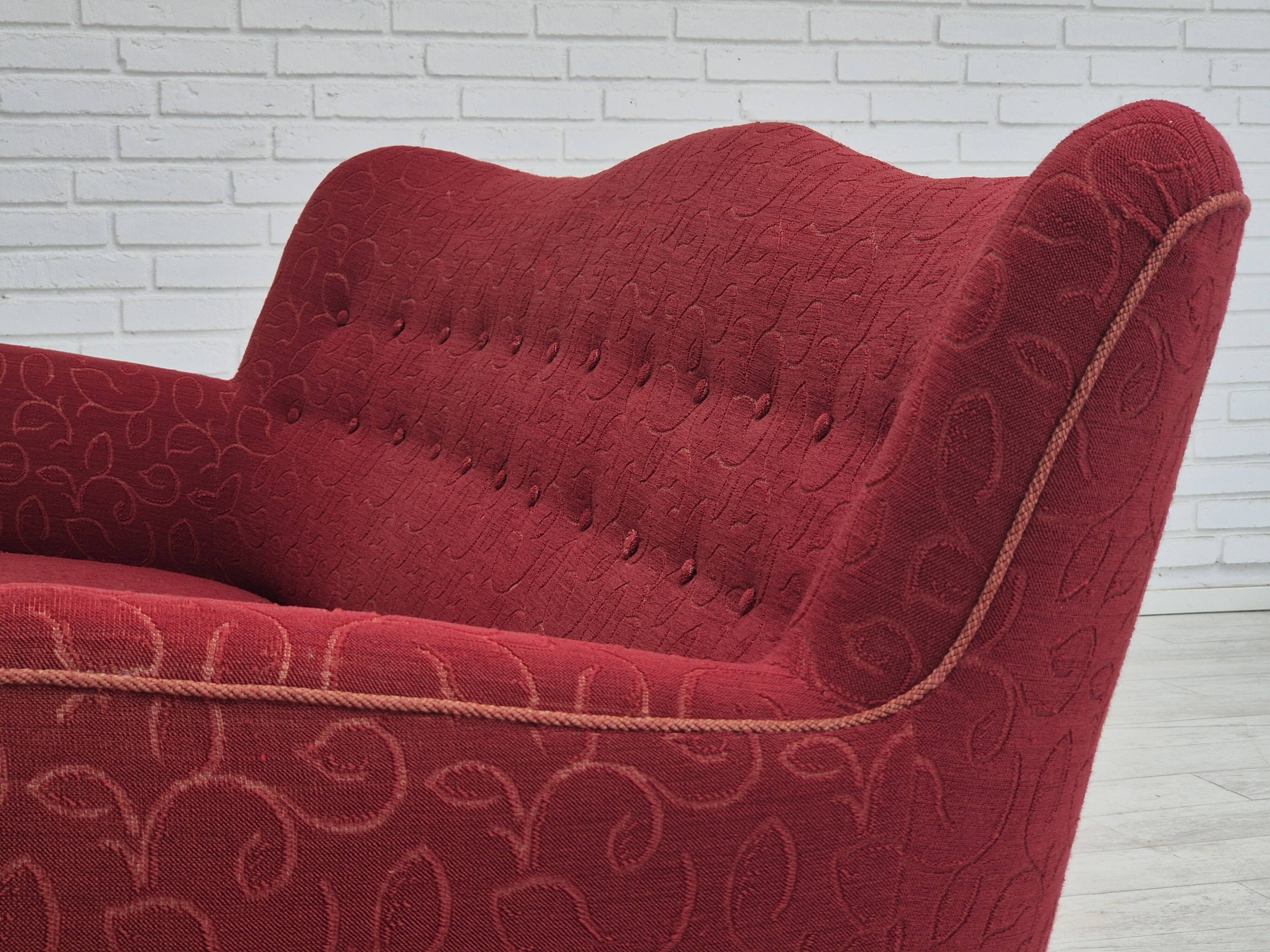 Années 1960, canapé danois 3 places, état d'origine, tissu coton-laine.