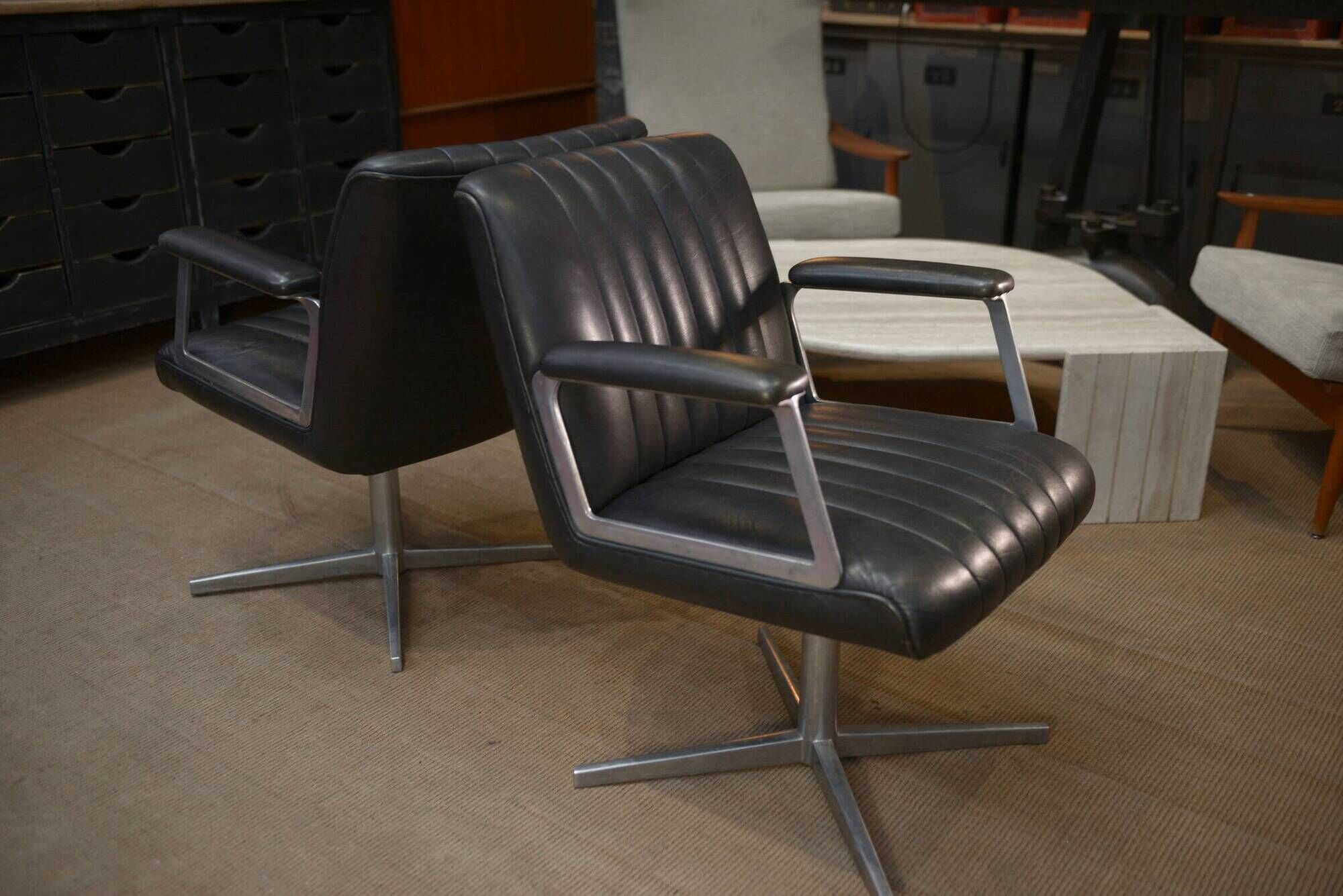 Set of 3 designer swivel metal leather office armchairs 1970