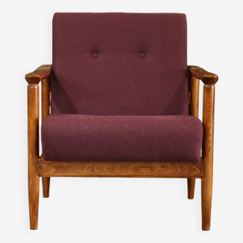 Fauteuil en bois vintage design par Edmund Homa 1960 laine aubergine chaise longue en bois originale fauteuil design moderne du milieu du siècle