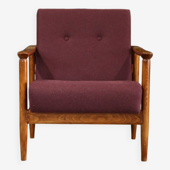 Vintage wood armchair design by Edmund Homa 1960 aubergine wool oryginal longue wood chair mid century modern design armchair