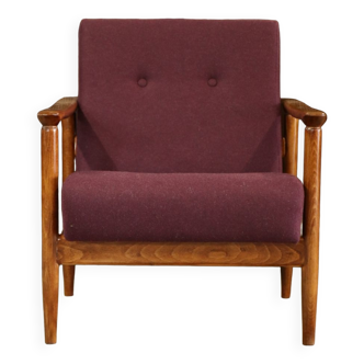 Fauteuil en bois vintage design par Edmund Homa 1960 laine aubergine chaise longue en bois originale fauteuil design moderne du milieu du siècle