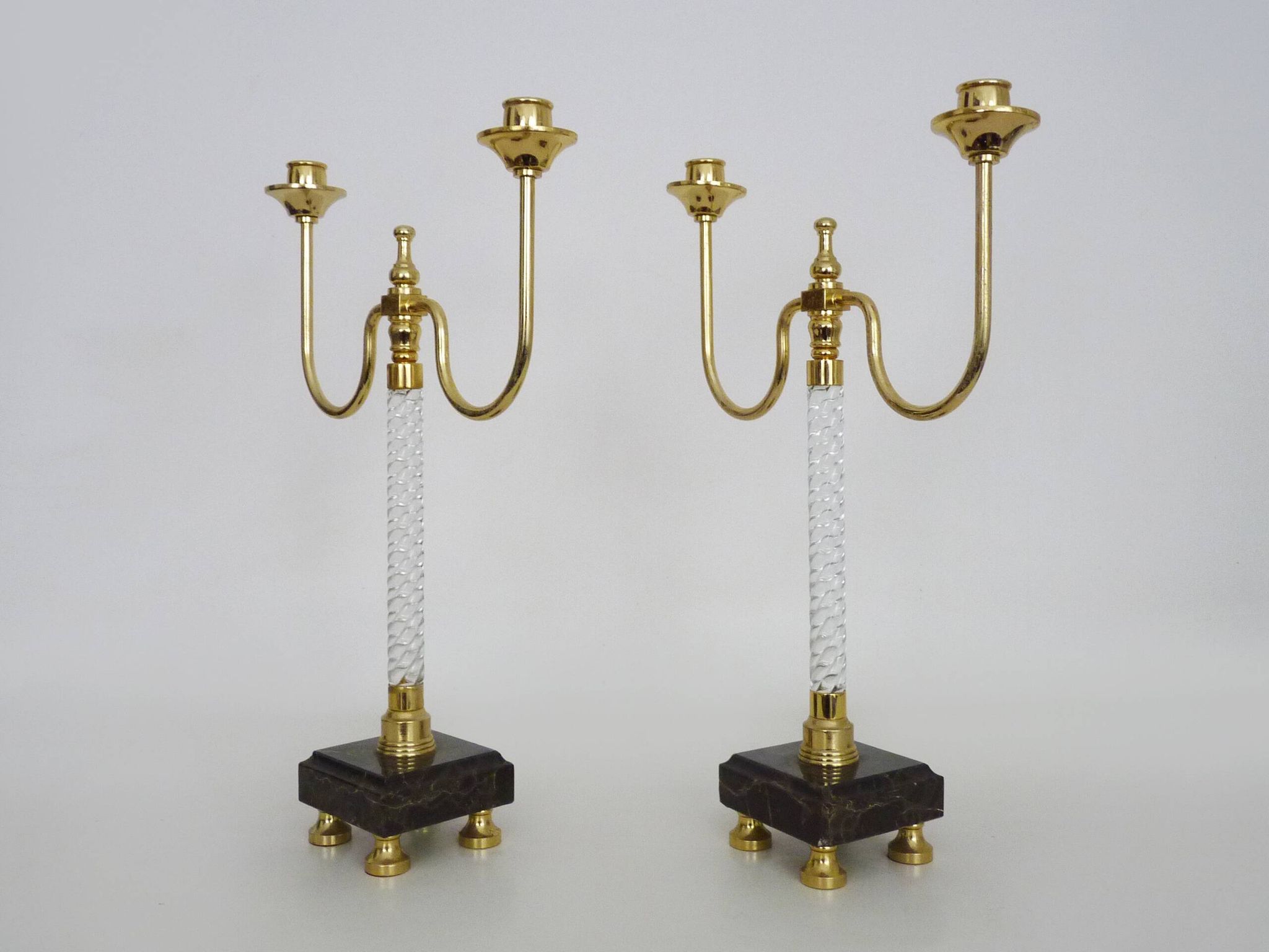 Pair of large candlesticks, Restoration style in brass, black marble, glass. 19th century