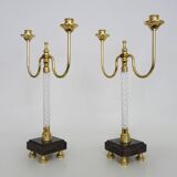 Pair of large candlesticks, Restoration style in brass, black marble, glass. 19th century