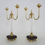 Pair of large candlesticks, Restoration style in brass, black marble, glass. 19th century