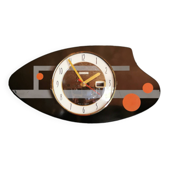 Horloge formica vintage pendule murale silencieuse oblongue "Bayard space age"