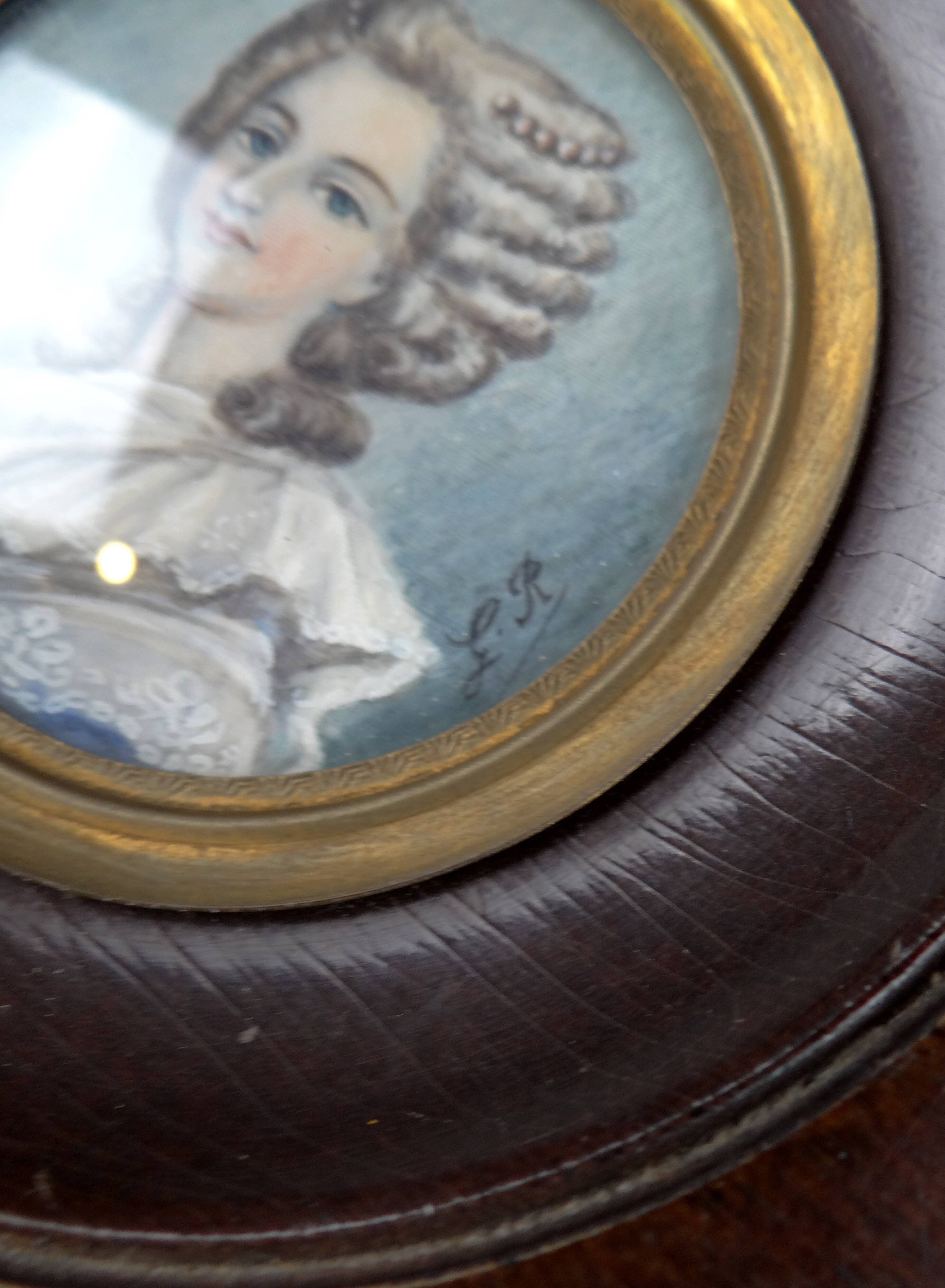 Framed 19th-century miniature gouache portrait of an aristocratic woman