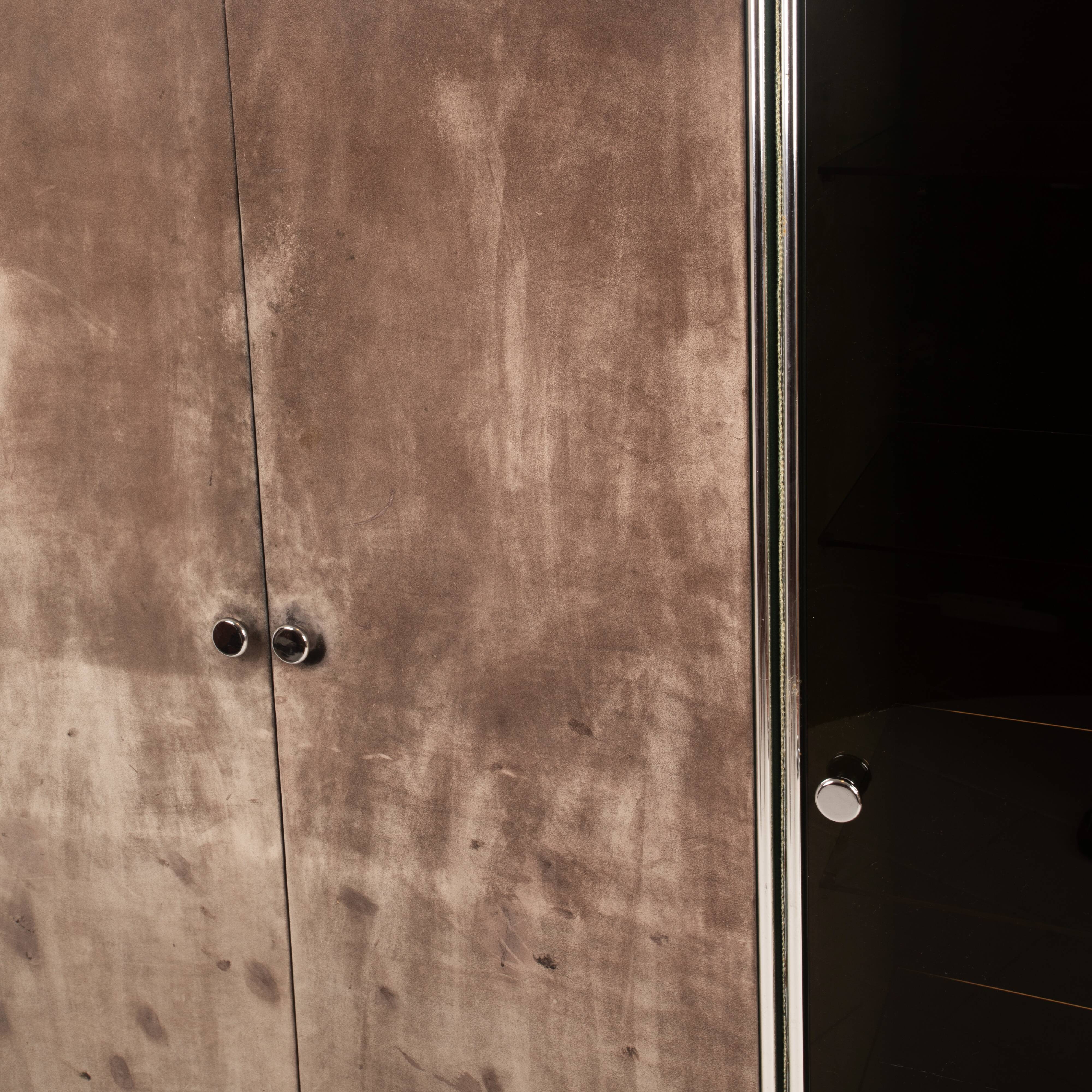 Guido Faleschini Astro Smoked Glass and Suede Cabinets for i4 Mariani 1979