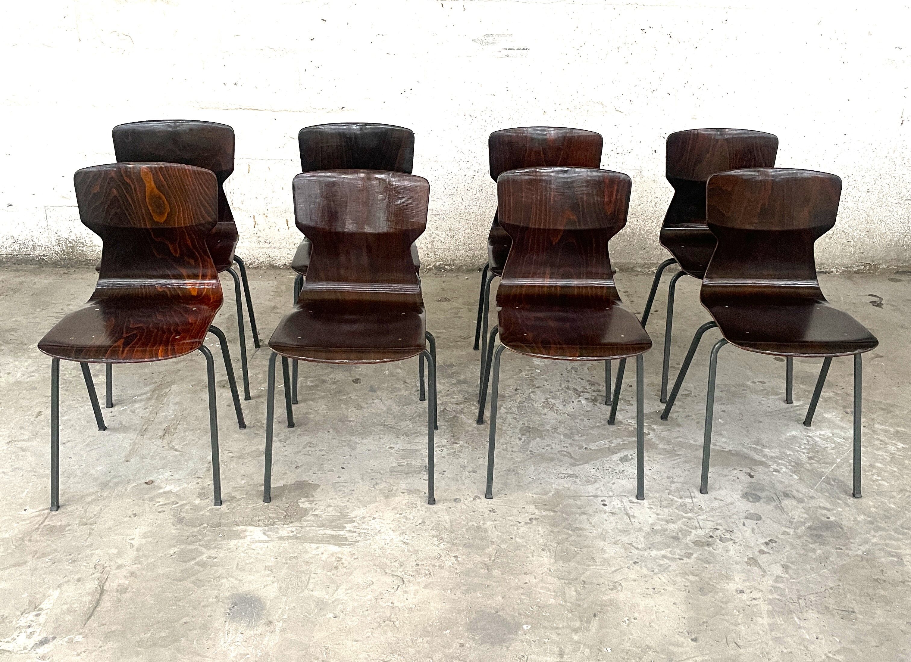Set of 8 wenge wood chairs and gray green steel