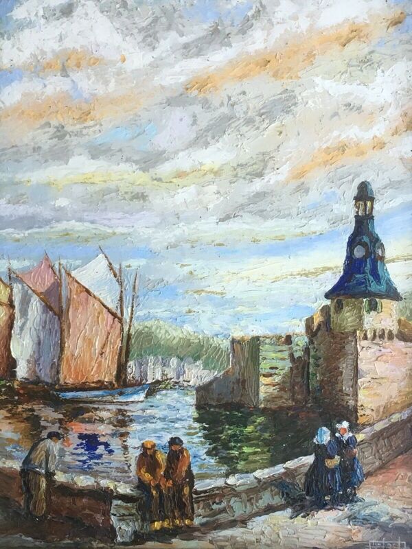 Peinture huile sur isorel signée paysage breton Bretagne port bateau personnage xx ème