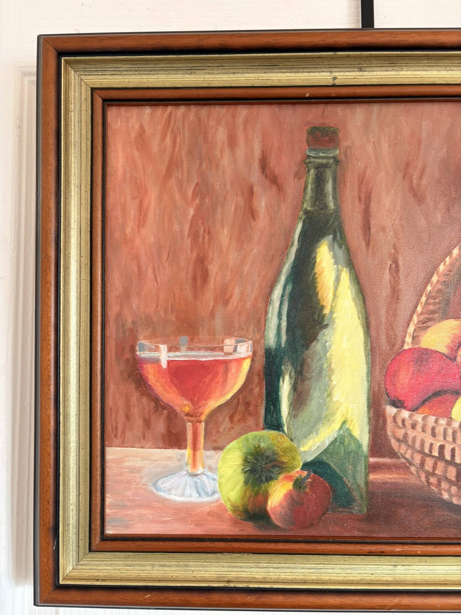 oil painting canvas still life fruit cider Normandy Calvados signed