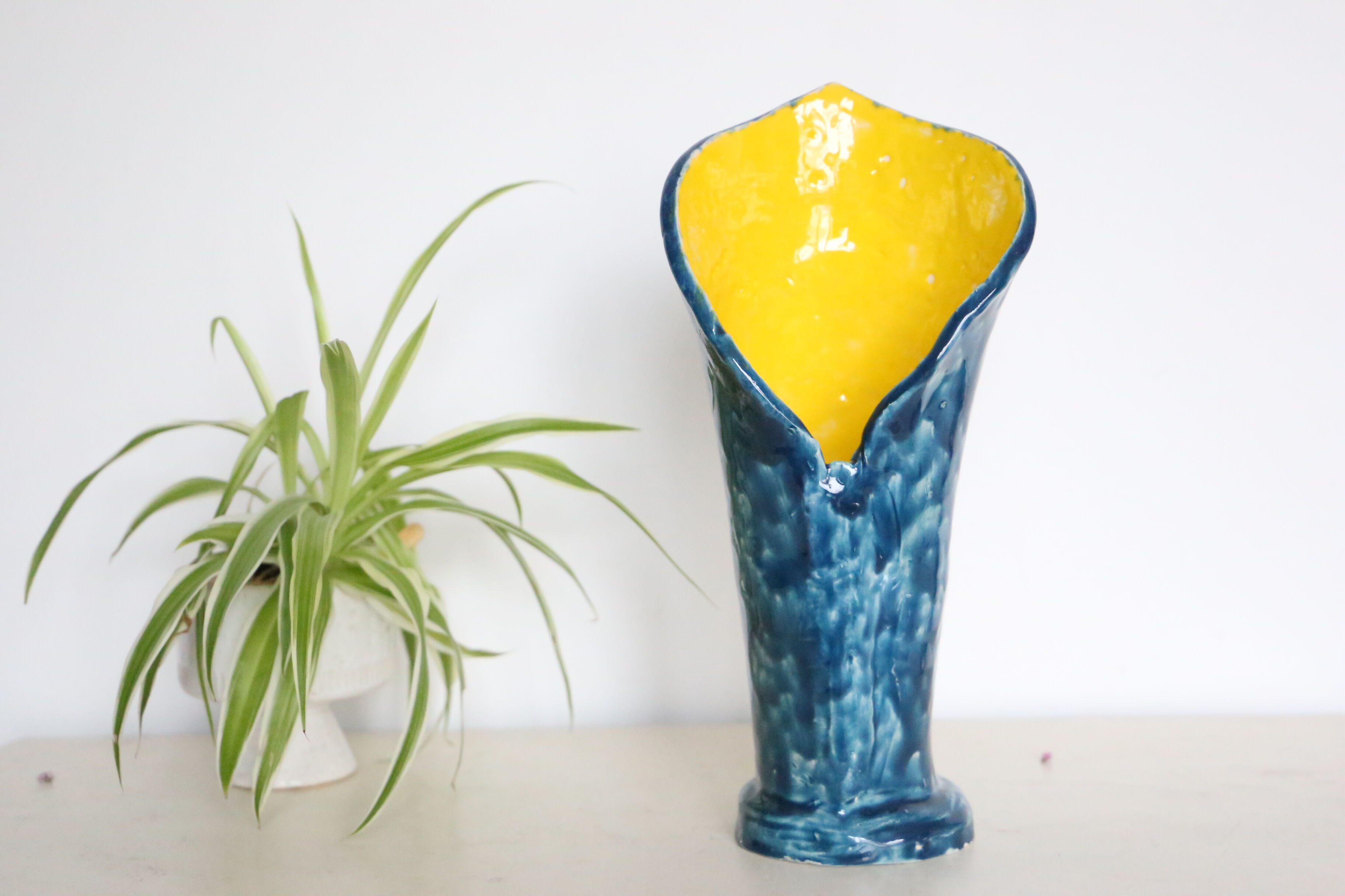 Handmade ceramic vase, glazed blue and yellow, vintage