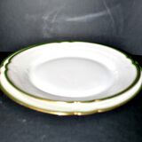 LIMOGES 2 round dishes antique chantournés in Green Gold edging porcelain "Aux Lions de Faïence Paris"